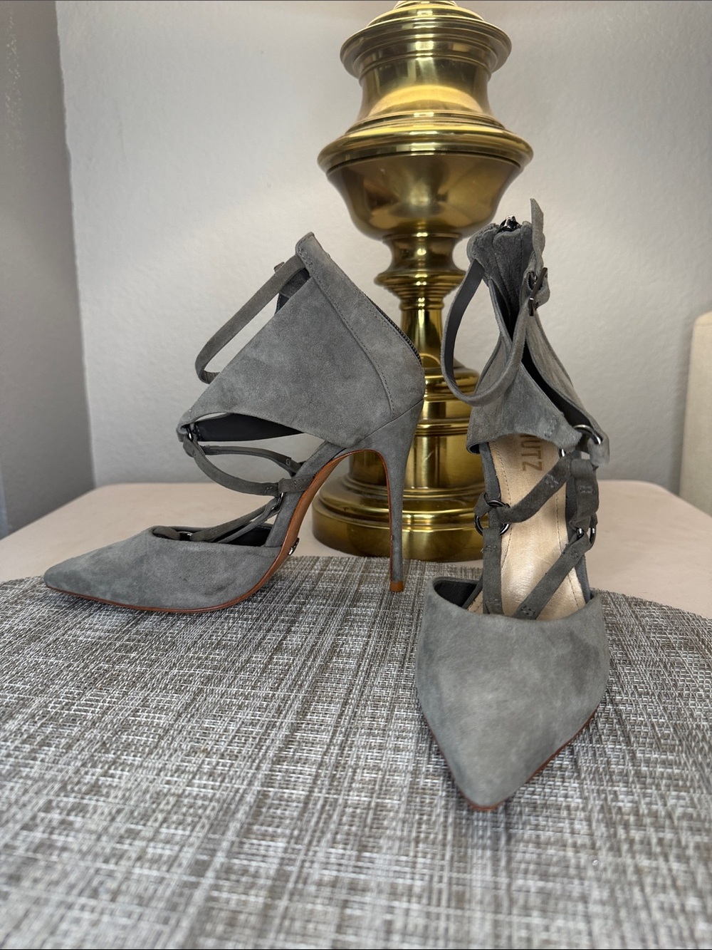 SCHUTZ Gray Suede Pointed-Toe Strappy High Heels